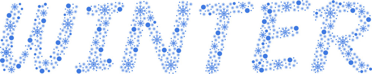 Word WINTER written in blue. Transparent beautiful abstract illustration from abstract snowflakes composition. Decor, decoration, holiday, cold season concept.