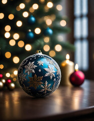 Fototapeta na wymiar beautiful christmas tree ball with snow flake ornament. generative ai