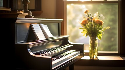 Piano in domestic home setting. Generative AI