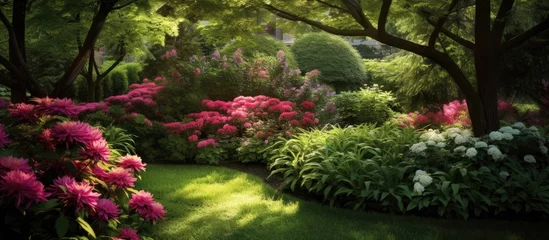 Papier Peint photo Herbe In the enchanting summer garden, amidst a backdrop of lush green grass, colorful flowers bloomed with natural beauty, radiating vibrant shades of pink, creating a stunning floral spectacle that