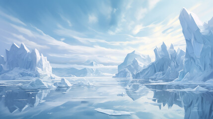 Arctic winter landscape with large glaciers frozen sea and blizzards Artificial Intelligence Rendering - obrazy, fototapety, plakaty