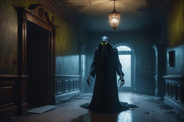 An eldritch creature wandering the halls of an abandoned Victorian mansion - Oil painting