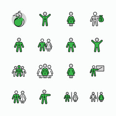 Set of people vector line icons. It contains the symbols of a man, a woman, a family, a toilet, a businessman, a teacher, and much more. Editable Stroke. 32x32 pixels.