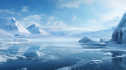 Arctic winter landscape with large glaciers frozen sea and blizzards Artificial Intelligence Rendering