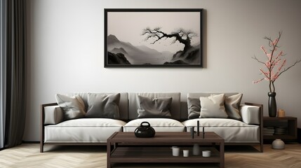 Japanese style home interior design of modern living room. Grey sofa with black cushions against wall with poster frame. Generative AI