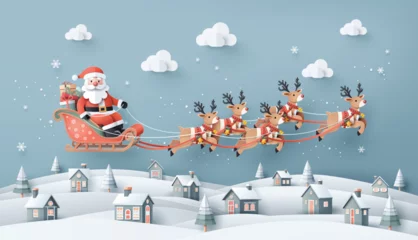 Fotobehang Illustration of Santa Claus on the sky coming to City © kengmerry
