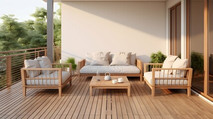 cosy simple living simplicity home interior design wooden terrace and comfort exteriro sofa furniture set on balcony terrace. Generative AI - obrazy, fototapety, plakaty