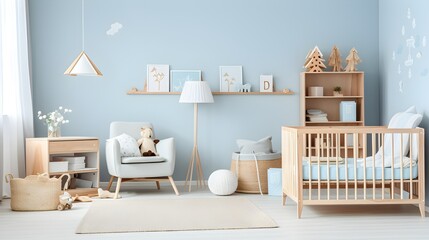 Child room with natural light blue colors and wooden furniture. Interior of cozy kids bedroom. Nursery room in cozy warm family style.. Generative AI - obrazy, fototapety, plakaty