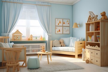 Child room with natural light blue colors and wooden furniture. Interior of cozy kids bedroom. Nursery room in cozy warm family style.. Generative AI