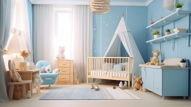 Child room with natural light blue colors and wooden furniture. Interior of cozy kids bedroom. Nursery room in cozy warm family style.. Generative AI