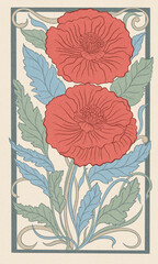 Floral poppy plant in art nouveau 1920-1930. Hand drawn with weaves of lines, leaves and flowers.
