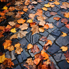 Falling leaves on a sidewalk create abstract patterns. Generative ai