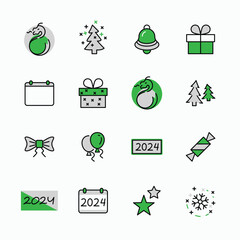 Happy New Year Pigs. Set vector line icon. Contains such Icons as Pig, Christmas Tree, Calendar 2019, Bow, Balloons, Bell, Candy, Gift Box, Stars, Snowflake. Editable Stroke. 32x32 Pixel Perfect