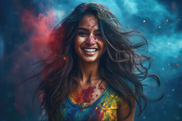 Fototapeta premium A young Indian girl in an ecstatic mood playing the Holi festival with colours