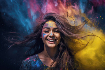 A  young Indian girl in an ecstatic mood playing the Holi festival with colours