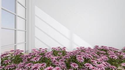 The room is full of flowers. 3D illustration, 3D rendering