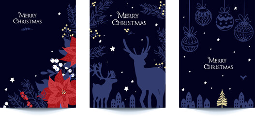 Traditional Corporate Holiday cards with Christmas tree, reindeers, birds, ornate floral frames