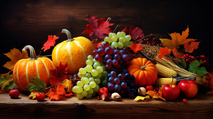 Naklejka na ściany i meble happy thanksgiving with colorful fruits ,pumpkin , banana,autumn,pumpkin,apple,grape,maple leaf,autumn leaves and vegetables, walnuts and fallen leaves, autumn, on a colored wooden table