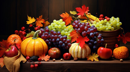 Fototapeta na wymiar happy thanksgiving with colorful fruits ,pumpkin , banana,autumn,pumpkin,apple,grape,maple leaf,autumn leaves and vegetables, walnuts and fallen leaves, autumn, on a colored wooden table
