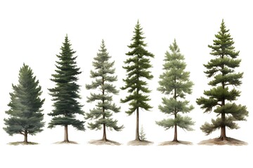 Obraz premium Set of photos of pine trees, colorful, big trees, white background, illustrations