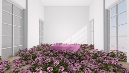 Fototapeta na wymiar The room is full of flowers. 3D illustration, 3D rendering 
