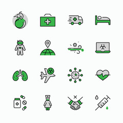 Set of Coronavirus Protection Vector Line Icon. Contains such Icons as Ambulance, Novel CoronaVirus, Protective Measures, Symptoms, Incubation Period and more. 32x32 Pixels. Editable Stroke