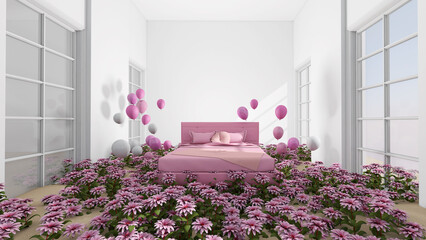 The room is full of flowers. 3D illustration, 3D rendering	