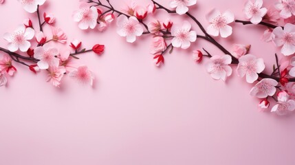 Fototapeta na wymiar Soft pink cherry blossom branches on expansive pastel background, serene.