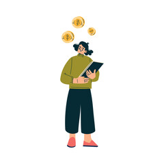 Investment in Stock with Woman Character Standing with Clipboard and Coin Trading Gaining Profit Vector Illustration