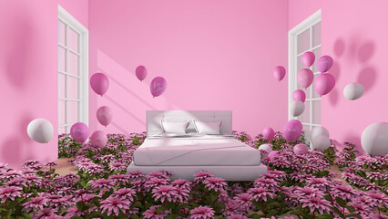 Balloons in the room.3D illustration. 3D rendering.
