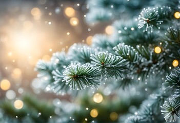 Christmas tree branch. Cozy sparkling background. Macro Christmas tree background. Generative AI.