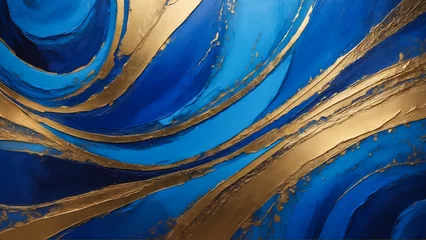 Fototapeten Cobalt blue liquid abstract marbled background with golden wavy lines. Abstract horizontal image for business banner, formal backdrop, prestigious voucher, luxe invite © AstiMak