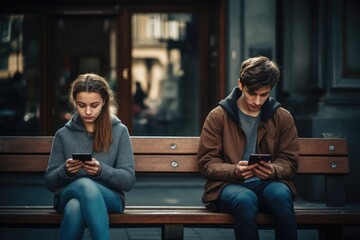 Obraz premium Siblings immersed in smartphones outdoors, reflecting on the impact of technology on family togetherness.