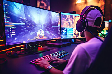 A young gamer immersed in a dark room, playing a video game on a computer with neon backlit peripherals.