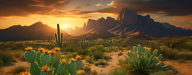 panoramic view of desert cactus at sunrise, AI generated