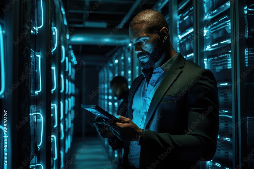 Poster a professional man analyzes data on a tablet inside a high-tech server room illuminated by vibrant b