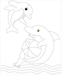 Cute Dolphin playing ball in the water  colouring page for children 