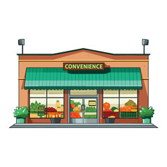 Realistic Vector Illustration of Convenience Store Building Facade in Flat Color and Kid Friendly Style On White Background