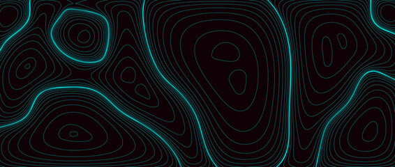Abstract line background. Black topographic contour map concept. Neon blue terrain outline pattern. Linear geographic design template wallpaper for poster, banner, print, leaflet. Vector illustration - obrazy, fototapety, plakaty
