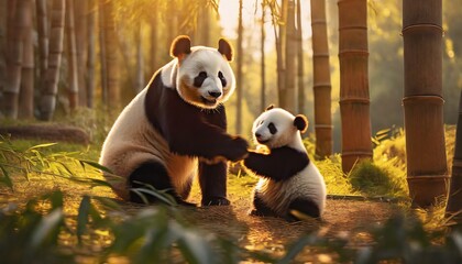 Panda Father Teaching Defending to His Children - obrazy, fototapety, plakaty