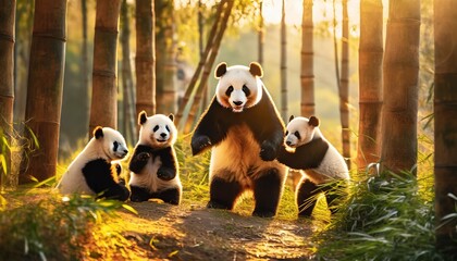 Panda Father Teaching Defending to His Children - obrazy, fototapety, plakaty