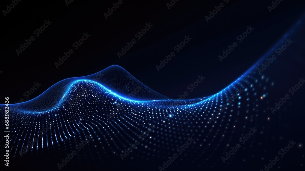 Poster abstract representation of digital waves illuminated by blue light in a dark setting, showcasing mot