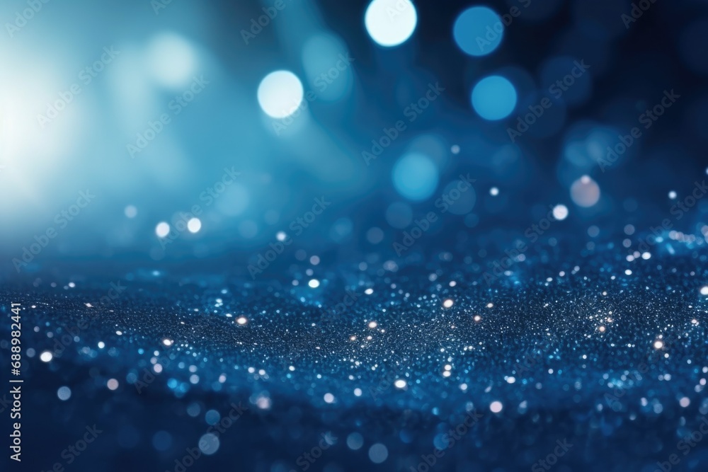 Poster shimmering blue sparkle background with soft bokeh effects in a tranquil setting at twilight