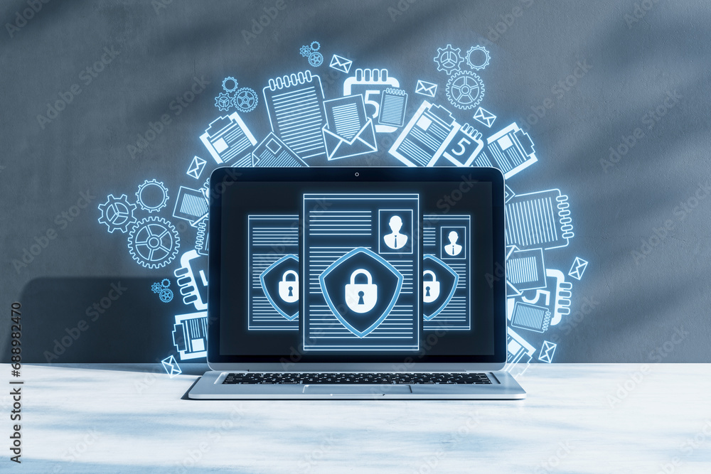 Poster Close up of laptop computer with creative digital security padlock sketch on concrete wall background. Secure, safety and identification concept. 3D Rendering.