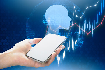 Close up of female hand holding smartphone with abstract glowing forex chart and human head outline...