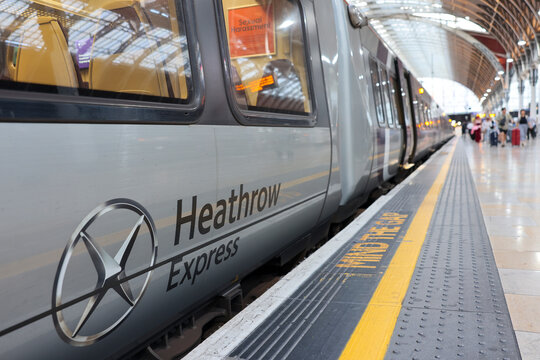 London, United Kingdom - Aug 17, 2023: Heathrow Express train at Paddington Station