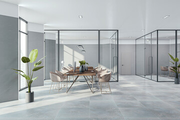 Modern concrete glass meeting room interior with furniture. 3D Rendering.