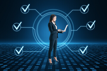 Business executive with laptop analyzing virtual check marks in a dynamic blue environment