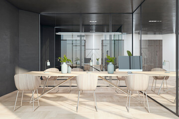 Clean glass meeting room interior with wooden flooring and furniture. 3D Rendering.