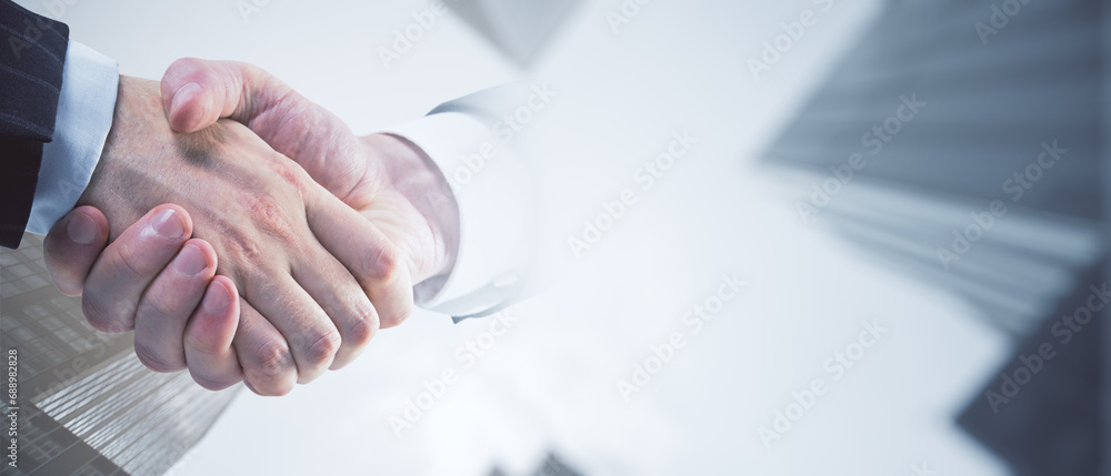 Poster close up of handshake on wide city backdrop with mock up place. teamwork and success concept. double